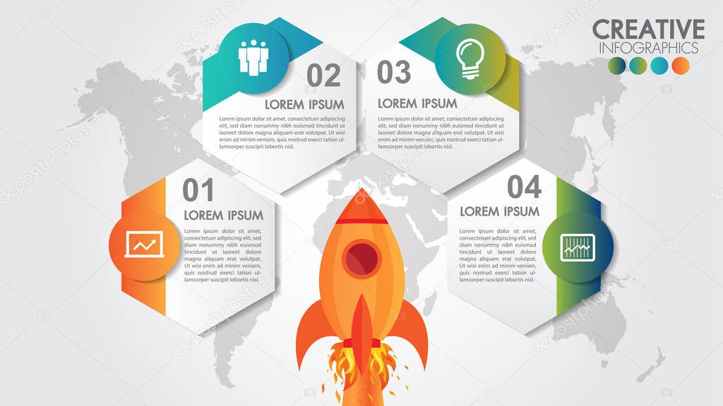 Startup vector circle infographics with 4 options rocket launch and styled world map.Spaceship taking off on mission, 4 elements connected with icons and text boxes.Vector illustration for website.