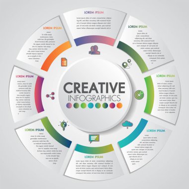 8 adımiş ve endüstri dişli tarzı infografik şablonu ile iş sunumu kavramı. Bir daire bilgi grafiği, diyagram veya sunu logosu ve simgeleri kümesi ile raporun bir parçası.