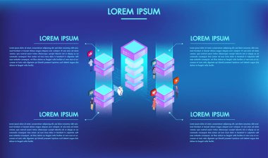 4 seçenek veya adımlar infographics sunucu odası ve veritabanı ile büyük veri teknolojisi işleme kavramı. Karakter tasarımı ile sosyal medya simgeleri, blockchain izometrik.