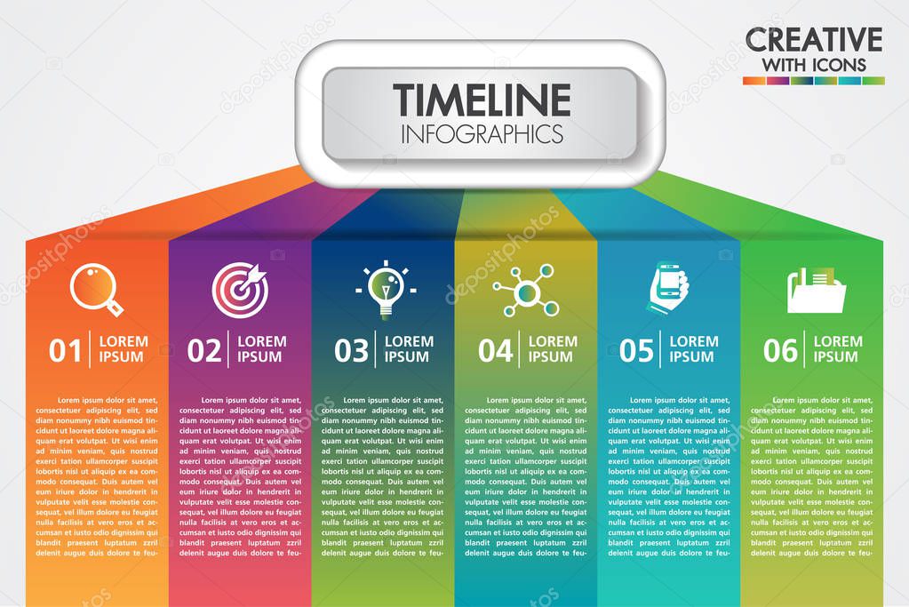 Vector business infographics presentation with 6 steps or options design with icons. Can be used place for text for presentations banner, workflow layout, process diagram, flow chart, info graph.