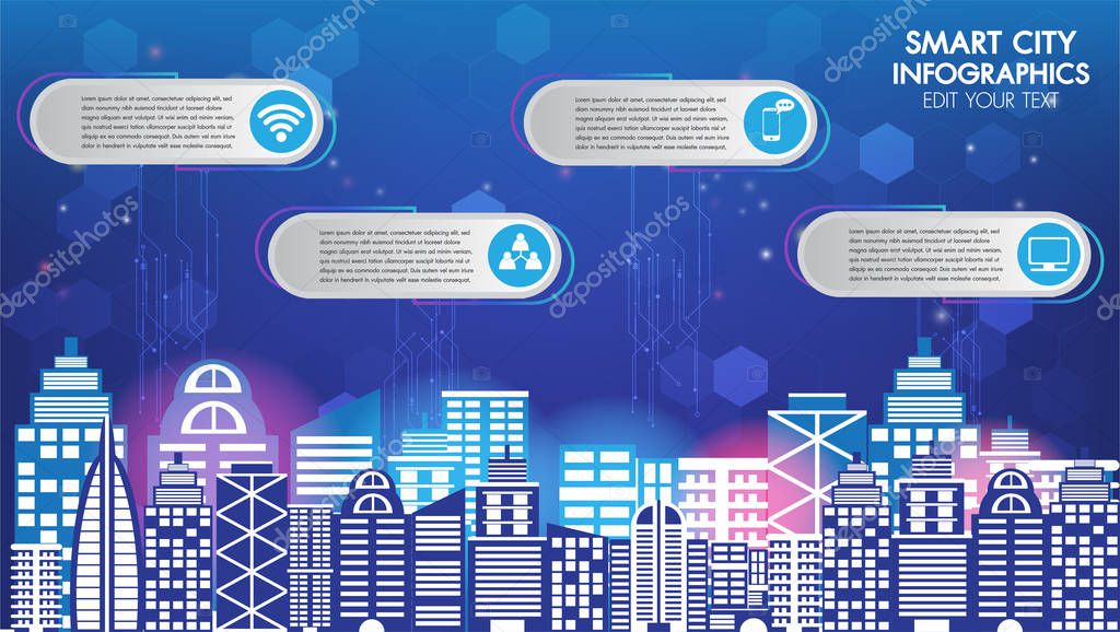 Abstract technology innovation smart city and wireless communication network night city social digital life, internet of things services and icons flat design.