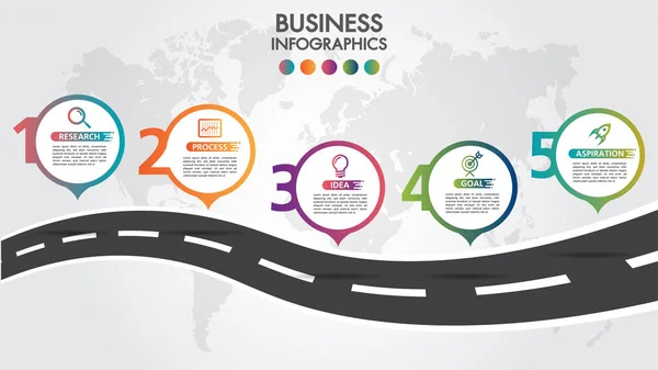 Business Infografik Straßendesign Vorlage Mit Symbolen Bunten Nadelzeiger Und Zahlen — Stockvektor