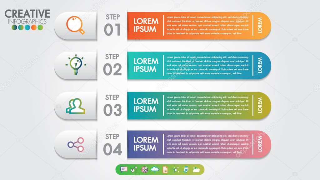 Infographics template 4 steps or options for business banner design vector and marketing icons.Can be used for workflow layout, diagram, number options, anual report, web design, steps or processes.