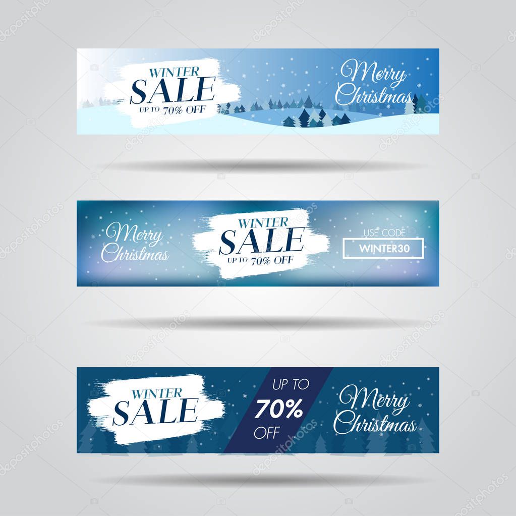 Set of winter design sale banners for advertising with sale text and snowflake background template.Season online discount promotion shopping website and mobile website banners and social media.