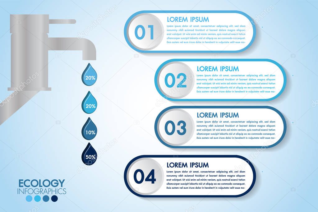 Infographic eco water blue design elements process 4 steps or options parts with water bottle. Ecology organic nature vector business template for presentation.