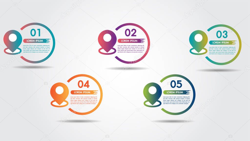 Infographic step 5 process flow pointer road design template with colorful pin pointer and 5 numbers options. Can be used for process presentations, workflow layout, diagram, banner.