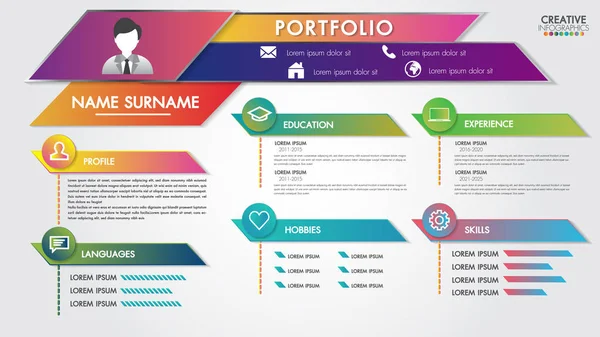 Portfolio Hervatten Infographics Profiel Presenteren Template Modern Design Met Pictogrammen — Stockvector