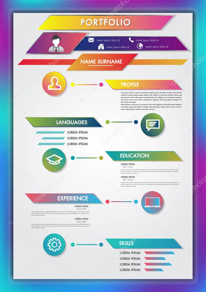 Portfolio resume infographics profile present template modern design with icons user interface kit for business, presentations and projects.Vector illustrator.