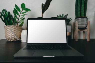 Dijital dizüstü bilgisayardaki hippi görüntüsü ve masadaki bilgisayar ve bilgisayar teknolojisi. Boş beyaz ekranlı bir cep telefonu. Yeşil doğa ön plan görüntüsü.