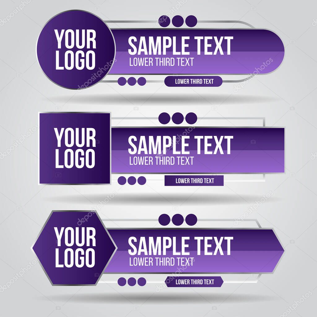 Lower third purple and grey color design tv template modern contemporary. Set of banners bar screen broadcast show bar name. Collection of lower third for video editing on transparent background.