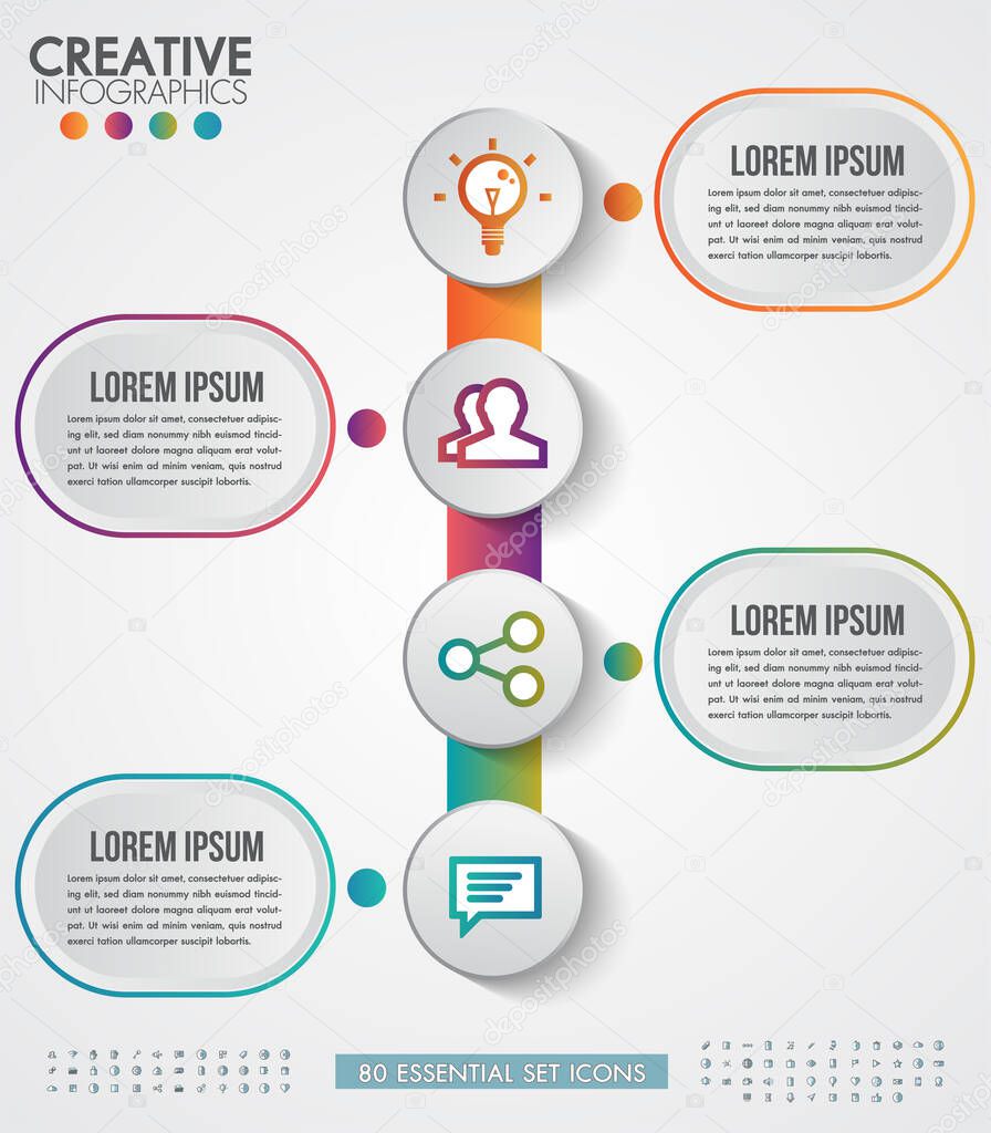 Infographic modern design vector template for business with 4 steps or options illustrate a strategy. Can be used for workflow layout, diagram, annual report, web design.Free 80 essential icons.