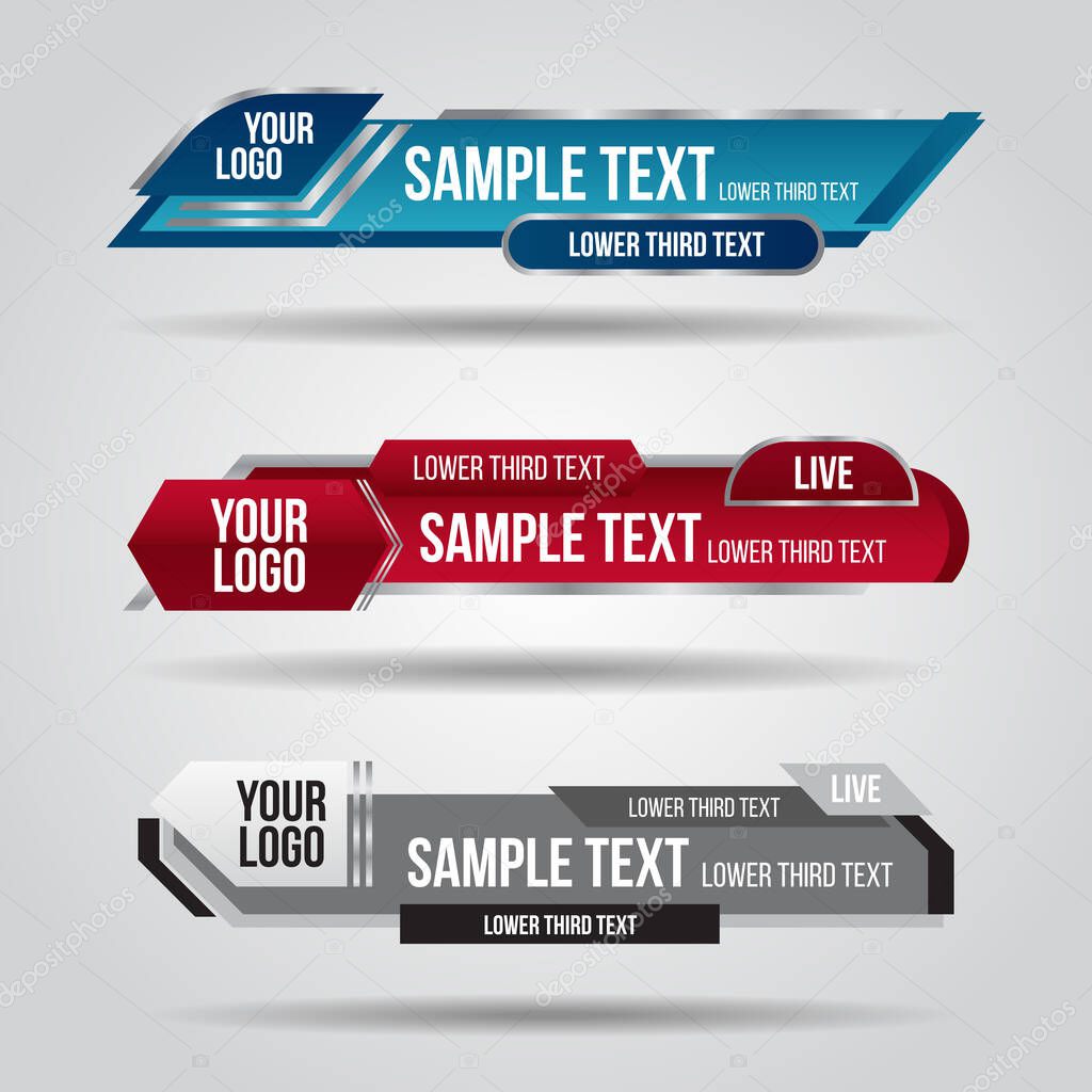 Lower third blue , red and grey design tv template modern contemporary. Set of banners bar screen broadcast show bar name. Collection of lower third for video editing on transparent background.