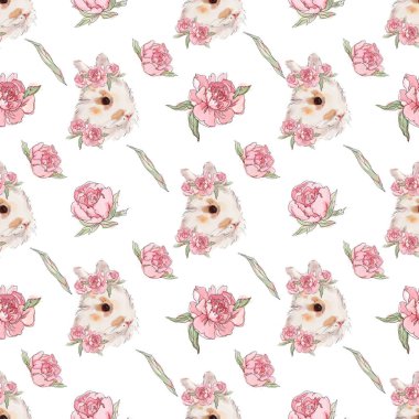 Beyaz arka planda pembe güllerle süslenmiş ihale tavşan kafaları ile dikişsiz desen
