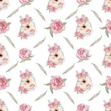 Beyaz arka planda pembe güllerle süslenmiş ihale tavşan kafaları ile dikişsiz desen