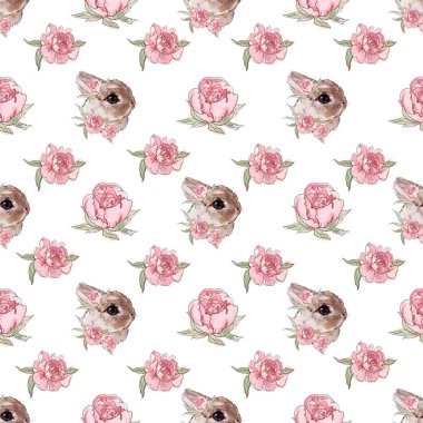 Beyaz arka planda pembe güllerle süslenmiş ihale tavşan kafaları ile dikişsiz desen