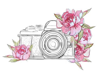 beyaz arka planda kamera ile pembe çiçekler