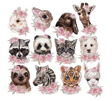 Beyaz arka planda sevimli hayvanlar kümesi. t-shirt baskı tasarımı, çıkartmalar, hipster. güzel hayvanlar: tavşan, kedi, köpek, panda, kutup ayısı, zürafa, rakun, tembel, lama, kaplan, zebra