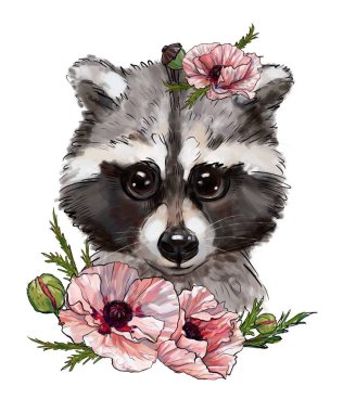 güzel rakun, çiçekli rakun, sevimli çocuk illüstrasyon, t-shirt en iyi baskı, beyaz bir arka plan üzerinde şakayık ile hayvan baskı