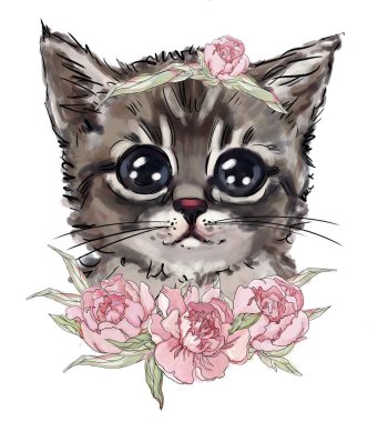 çiçeklersevimli kedi. sevimli hayvan, favori evcil hayvan, en iyi t-shirt baskılar. Giyim tasarımı için çocuk illüstrasyon. Animasyonlu bir baskı. elle boyanmış beyaz bir arka plan üzerinde güzel kedi yavrusu,