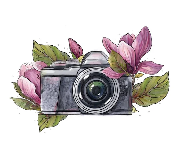 pink flowers with camera on a white background