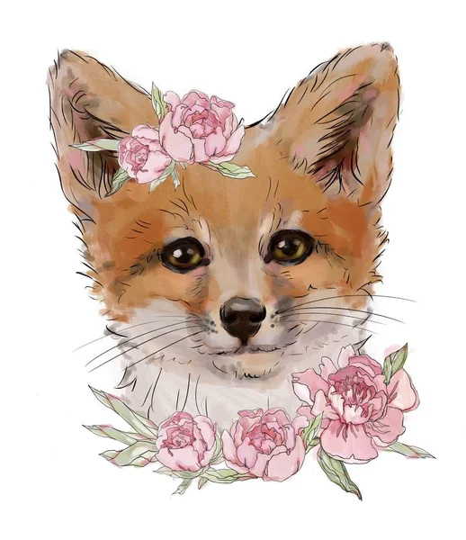 red fox in colors on a white background, a cute animal in peonies, print on t-shirt, hipster, print for personal design. wild animal drawn by hand