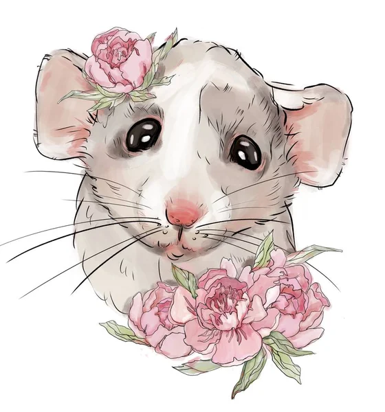 孤立した白い背景にかわいいネズミ ネズミの年 2020年のシンボル 最高のTシャツプリント 個人的な設計のための手描きのスケッチ — ストック写真