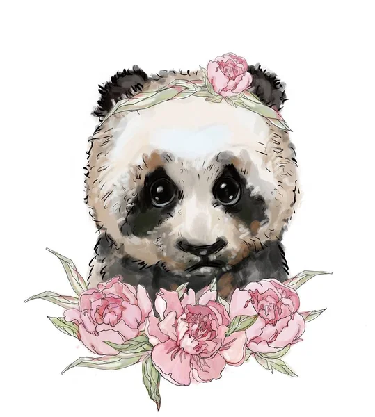 Милая Детская Иллюстрация Панда Медведь Цветах Милая Панда Лучшие Отпечатки — стоковое фото
