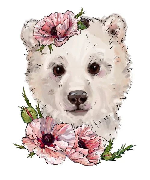 Милая Детская Иллюстрация Белый Медведь Цветах Милый Медведь Лучшие Отпечатки — стоковое фото