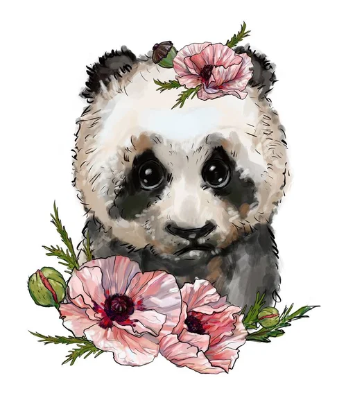 cute children's illustration, panda, bear in flowers, cute panda, the best t-shirt prints. wild animals