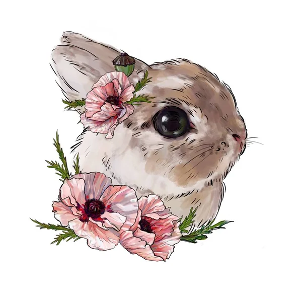 rabbit with pink poppy flowers, cute children\'s illustration, best t-shirt print, animal print with peonies. rabbit on a white background