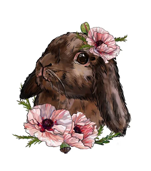 rabbit with pink poppy flowers, cute children\'s illustration, best t-shirt print, animal print with peonies. rabbit on a white background