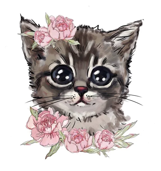 cute cat in flowers. cute animal, favorite pet, the best t-shirt prints. Children\'s illustration for clothing design. An animated print. beautiful kitten on a white background, painted by hand