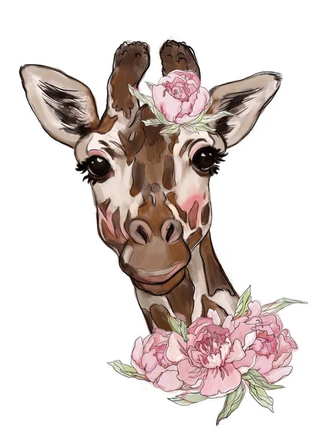 Cute giraffe in flowers illustration on an isolated white background. T-shirt print, card. giraffe poster. cute animals children illustration your design