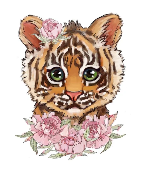 Cute tiger in flowers illustration on an isolated white background. T-shirt print, card. Tiger poster. cute animals children illustration your design