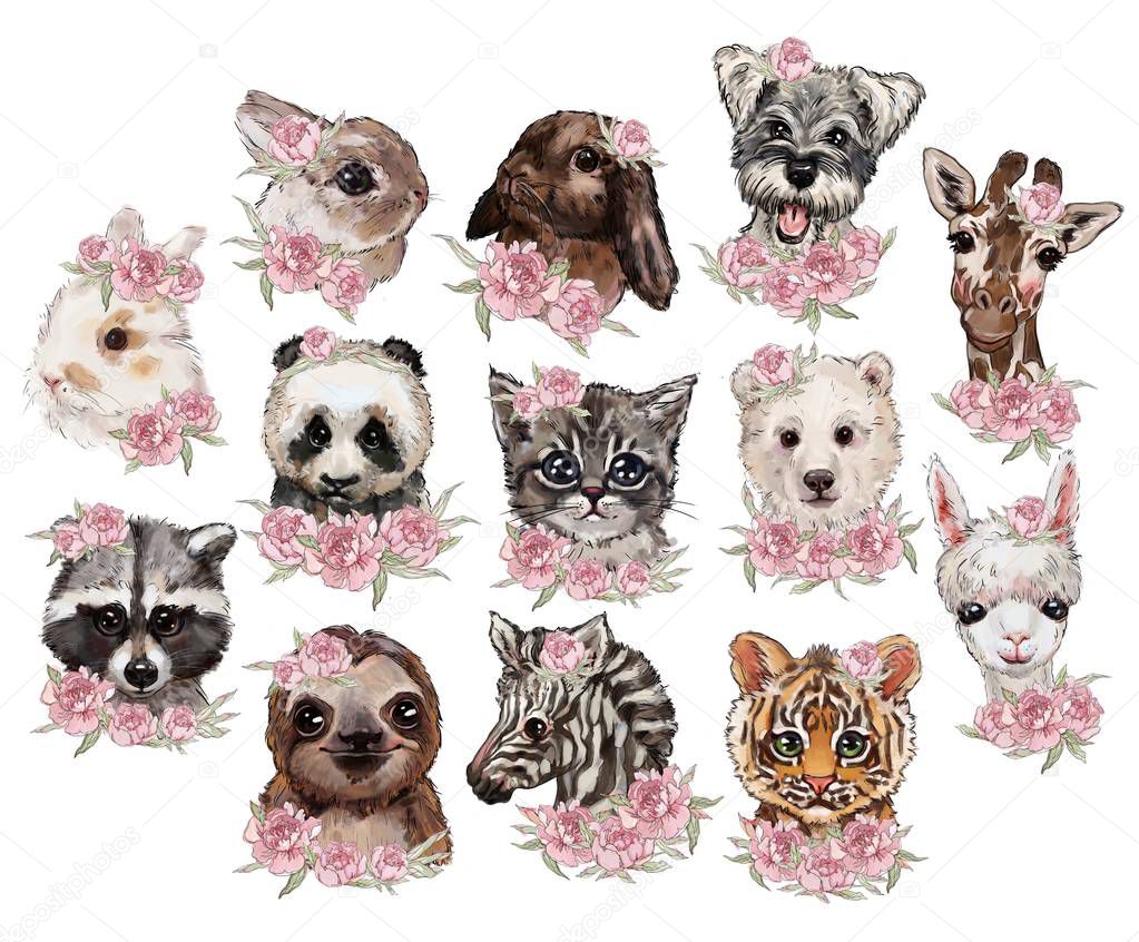 Set of cute animals on white background. t-shirt print design, stickers, hipster. nice animals: rabbits, cat, dog, panda, polar bear, giraffe, raccoon, sloth, llama, tiger, zebra