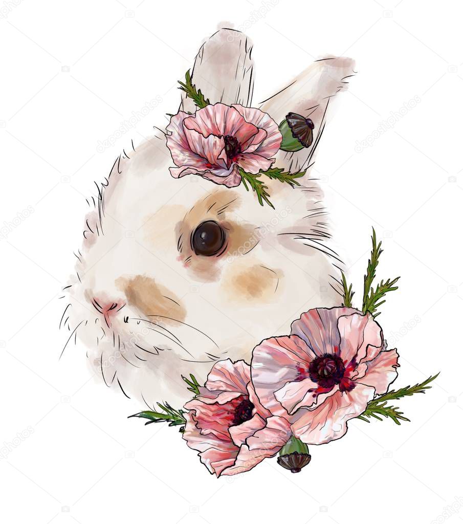 rabbit with pink poppy flowers, cute children's illustration, best t-shirt print, animal print with peonies. rabbit on a white background