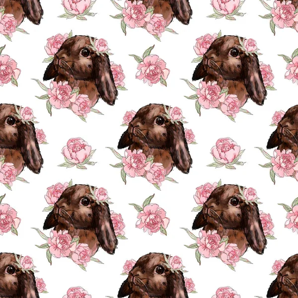 brown hare, caramel rabbits with flowers, cute children's illustrations, best t-shirt print, animal print with peonies. rabbit on a white background