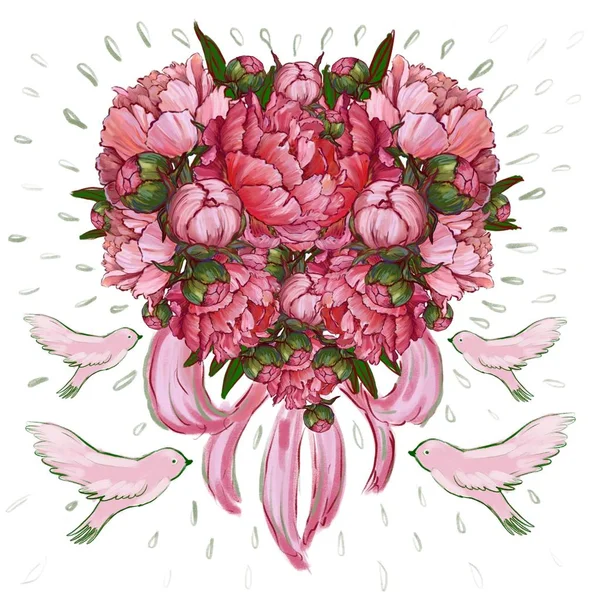 heart of peonies, bouquet, heart of flowers, wedding theme, pigeons