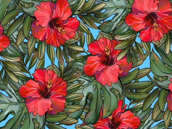 Trópicos Plantas Tropicais Folhas Palmeira Ilustração Padrão Flor Paraíso — Fotografia de Stock