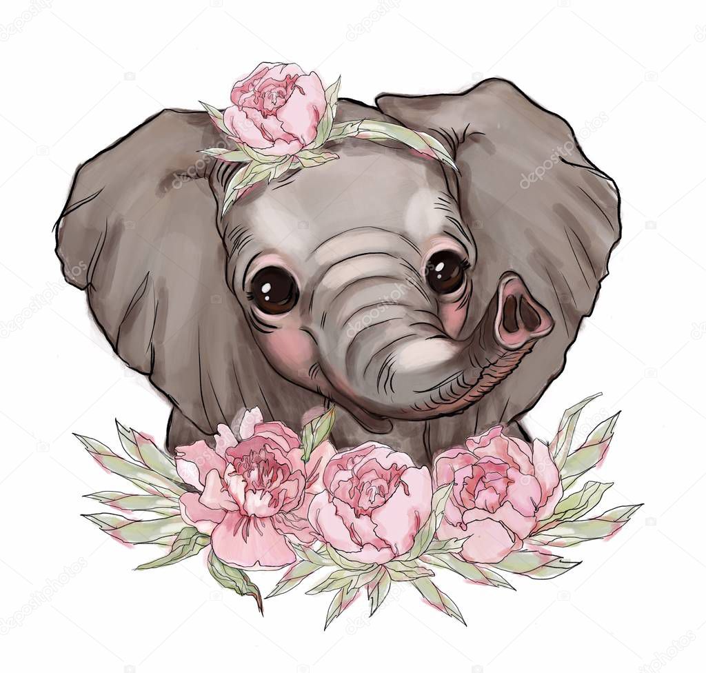 A cute elephant  on a white background,  T-shirt,  hand-drawn illustration. Decor for children,  baby clothes,  baby goods,  poster,  wallpaper,  postcards.Cartoon style. Elephant isolated.