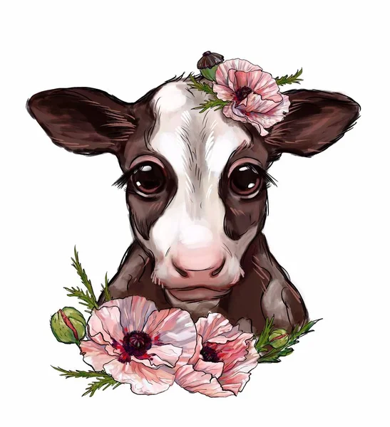 cute cow in peony flowers on a white background, farm animal, print on a T-shirt, hand-drawn illustration, decor for children, baby clothes, baby products, poster, wallpaper, postcard. Cut animal