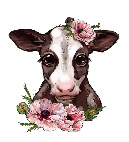 Jolie Vache Fleurs Pivoine Sur Fond Blanc Animal Ferme Imprimé — Photo