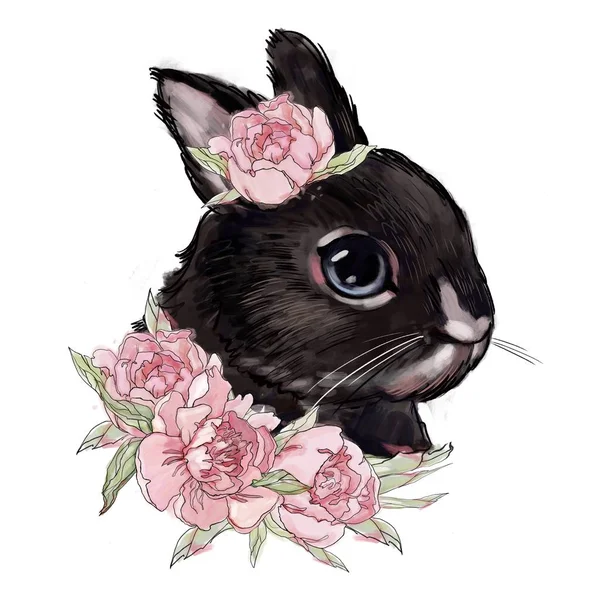 rabbit with pink  flowers, cute children's illustration, best t-shirt print, animal print with peonies. rabbit on a white background