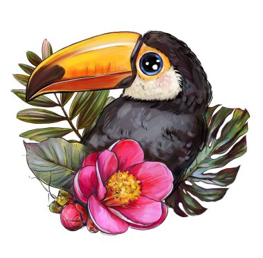 pembe çiçekler, sevimli çocuk illüstrasyon, en iyi t-shirt baskı ile toucan