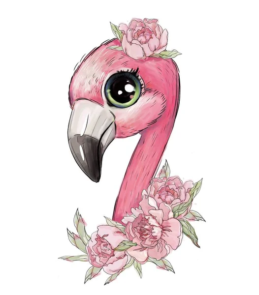 Розовый Фламинго Розовыми Цветами Милая Детская Иллюстрация Лучший Отпечаток Футболки — стоковое фото