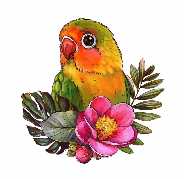 Parrot Pink Flowers Cute Children Illustration Best Shirt Print — Stock Photo, Image