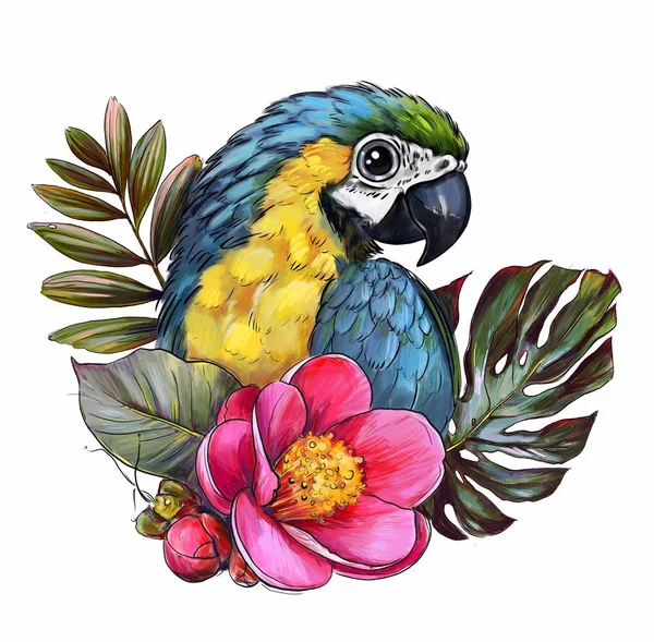 Parrot Pink Flowers Cute Children Illustration Best Shirt Print — Stock Photo, Image