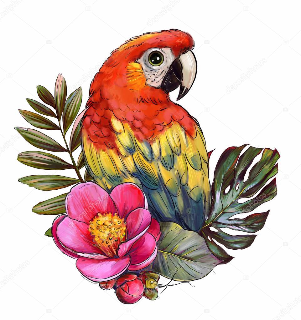 parrot with pink flowers, cute children's illustration, best t-shirt print