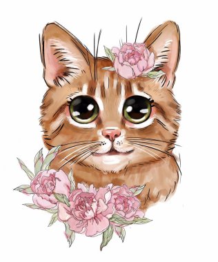 Beyaz arka plan üzerinde izole pembe çiçeklerile Sevimli kedi