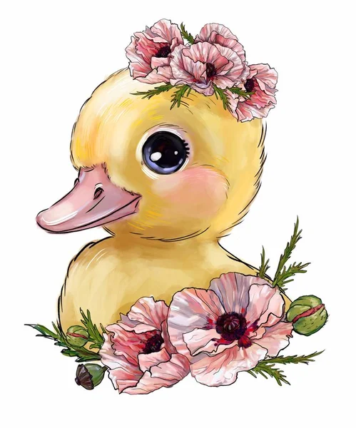 Cute yellow duck with pink flowers